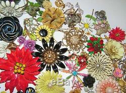 100 Flower Jewelry HUGE Lot Vintage-Mod Painted Enamel Pin Brooch Earrings Sets+