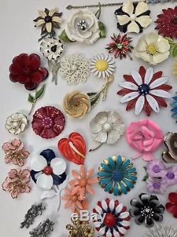 100PC Vintage Enamel Flower Power Jewelry LOT Rhinestone Clip On Brooch Bouquet