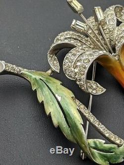 1940s MB Boucher Signed Rhinestone Enamel Lily Fuchsia Flower Brooch Pin Vintage