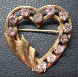 1940s VINTAGE 12K GOLD HEART SHAPED BROOCH LAVENDER RHINESTONES ESTATE ITEM