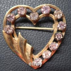 1940s VINTAGE 12K GOLD HEART SHAPED BROOCH LAVENDER RHINESTONES ESTATE ITEM