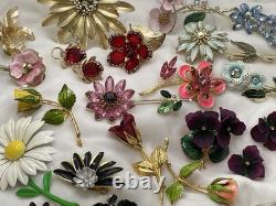 24 Pcs Vintage Flower Power Brooch Earrings Lot Rhinestone Enamel Signed Weiss +