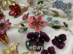 24 Pcs Vintage Flower Power Brooch Earrings Lot Rhinestone Enamel Signed Weiss +
