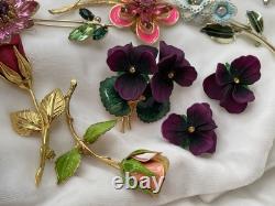 24 Pcs Vintage Flower Power Brooch Earrings Lot Rhinestone Enamel Signed Weiss +