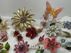 24 Pcs Vintage Flower Power Brooch Earrings Lot Rhinestone Enamel Signed Weiss +