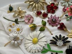 24 Pcs Vintage Flower Power Brooch Earrings Lot Rhinestone Enamel Signed Weiss +