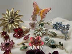 24 Pcs Vintage Flower Power Brooch Earrings Lot Rhinestone Enamel Signed Weiss +