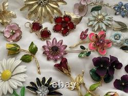 24 Pcs Vintage Flower Power Brooch Earrings Lot Rhinestone Enamel Signed Weiss +
