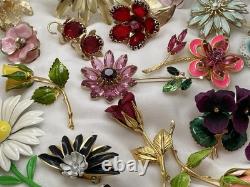 24 Pcs Vintage Flower Power Brooch Earrings Lot Rhinestone Enamel Signed Weiss +