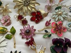 24 Pcs Vintage Flower Power Brooch Earrings Lot Rhinestone Enamel Signed Weiss +