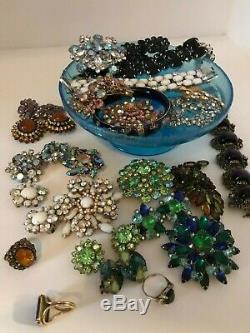 24 piece vintage costume jewelry lot, Juliana bracelets, rhinestone brooches