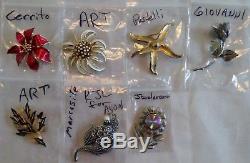 33 pc Vtg Enamel Metal Flower Pin Brooch Lot 1950s -1960s Many Designer Signed