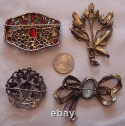4 Large Antique Brooches/Czech Glass/Pot Metal/Vintage Little Nemo/Art Nouveau
