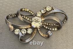 40s Vintage Signed Mazer Sterling Silver Rhinestone Brooch Early Retro Ribbon 3