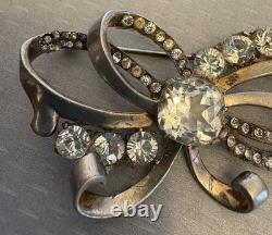40s Vintage Signed Mazer Sterling Silver Rhinestone Brooch Early Retro Ribbon 3