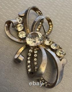 40s Vintage Signed Mazer Sterling Silver Rhinestone Brooch Early Retro Ribbon 3
