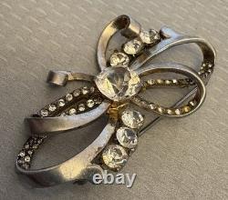 40s Vintage Signed Mazer Sterling Silver Rhinestone Brooch Early Retro Ribbon 3