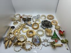 41 Piece Brooch Pin Lot Vintage Gold Signed/Unsigned 2 Missing Stones Reseller