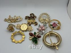 41 Piece Brooch Pin Lot Vintage Gold Signed/Unsigned 2 Missing Stones Reseller