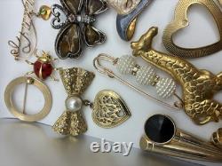 41 Piece Brooch Pin Lot Vintage Gold Signed/Unsigned 2 Missing Stones Reseller