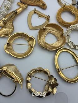 41 Piece Brooch Pin Lot Vintage Gold Signed/Unsigned 2 Missing Stones Reseller