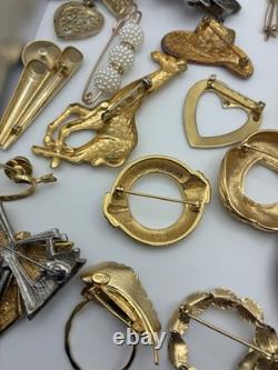41 Piece Brooch Pin Lot Vintage Gold Signed/Unsigned 2 Missing Stones Reseller