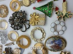 41 Piece Brooch Pin Lot Vintage Gold Signed/Unsigned 2 Missing Stones Reseller