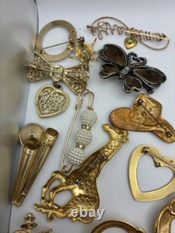 41 Piece Brooch Pin Lot Vintage Gold Signed/Unsigned 2 Missing Stones Reseller