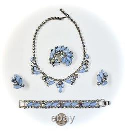 50s BLUE HOBE Full PARURE SET 4 Pieces Necklace Bracelet Brooch Pin Earrings