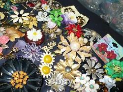 65pc Flower Jewelry LOT Brooches, Necklace, Earrings Vintage Enamel Rhinestone +