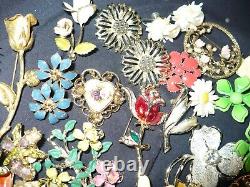 65pc Flower Jewelry LOT Brooches, Necklace, Earrings Vintage Enamel Rhinestone +