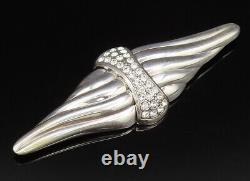 925 Silver Vintage Ribbed Wings & Rhinestones Cluster Brooch Pin BP10008