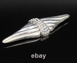 925 Silver Vintage Ribbed Wings & Rhinestones Cluster Brooch Pin BP10008