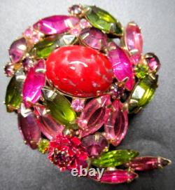 ALICE CAVINESS Pink Green Rhinestone Art Glass Enamel Flower Vintage Pin Brooch
