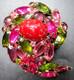 ALICE CAVINESS Pink Green Rhinestone Art Glass Enamel Flower Vintage Pin Brooch
