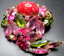 ALICE CAVINESS Pink Green Rhinestone Art Glass Enamel Flower Vintage Pin Brooch