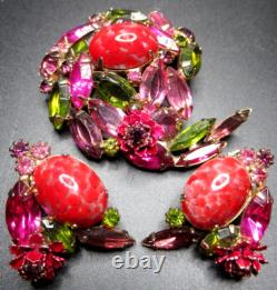 ALICE CAVINESS Pink Green Rhinestone Art Glass Enamel Flower Vintage Pin Brooch