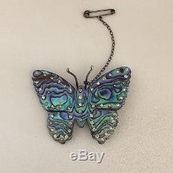 ANTIQUE Vintage ART DECO Marine OPAL Abalone STERLING Silver BUTTERFLY Brooch