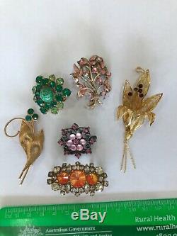 ANTIQUE jewellery brooch pin collection set vintage amber green pink gold flower