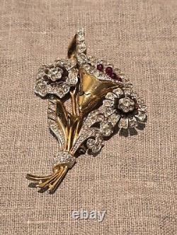 ART DECO RETRO LARGE FLOWER BROOCH WITH RHINESTONES AND RED BEADS 1930s-40s VTG