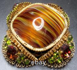 AUSTRIA Gorgeous Green Cognac Rhinestone Art Glass Vintage Pin Brooch