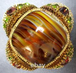 AUSTRIA Gorgeous Green Cognac Rhinestone Art Glass Vintage Pin Brooch