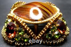 AUSTRIA Gorgeous Green Cognac Rhinestone Art Glass Vintage Pin Brooch