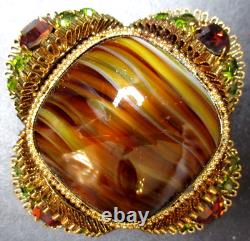 AUSTRIA Gorgeous Green Cognac Rhinestone Art Glass Vintage Pin Brooch