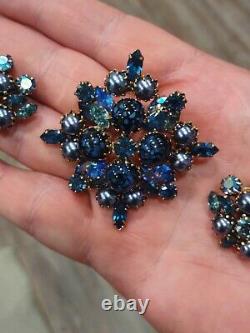Absolutely Stunning! Austria Deep Iridescent Blue Rhinestone Brooch & Earrings