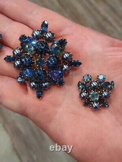 Absolutely Stunning! Austria Deep Iridescent Blue Rhinestone Brooch & Earrings