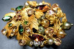 Amazing Golden Leaves Rhinestone Faux Pearl Filigree Back Vintage Pin Brooch