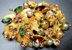 Amazing Golden Leaves Rhinestone Faux Pearl Filigree Back Vintage Pin Brooch