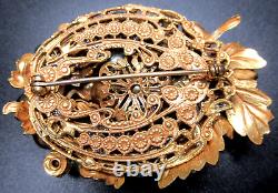 Amazing Golden Leaves Rhinestone Faux Pearl Filigree Back Vintage Pin Brooch