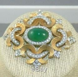 Amazing Vintage JOMAZ Mazur Brothers Green Glass Diamante Brooch Gold Tone 2.5